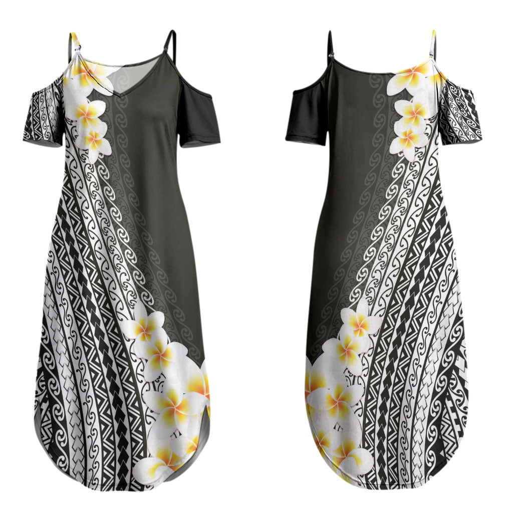 Tahiti Plumeria Tribal Pattern Couples Matching Summer Maxi Dress and Long Sleeve Button Shirt Wave Style Black LT05 - Polynesian Pride