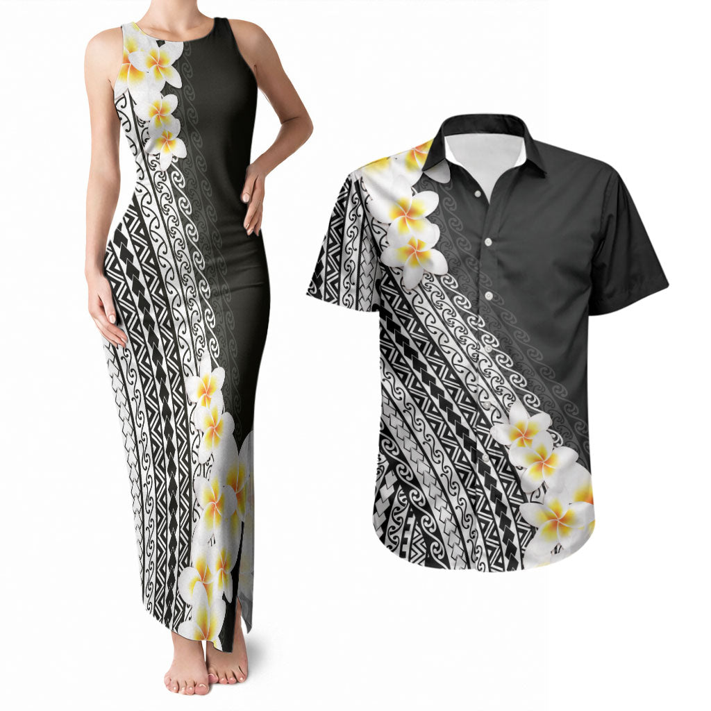 Tahiti Plumeria Tribal Pattern Couples Matching Tank Maxi Dress and Hawaiian Shirt Wave Style Black LT05 Black - Polynesian Pride