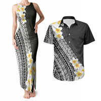 Tahiti Plumeria Tribal Pattern Couples Matching Tank Maxi Dress and Hawaiian Shirt Wave Style Black LT05 Black - Polynesian Pride