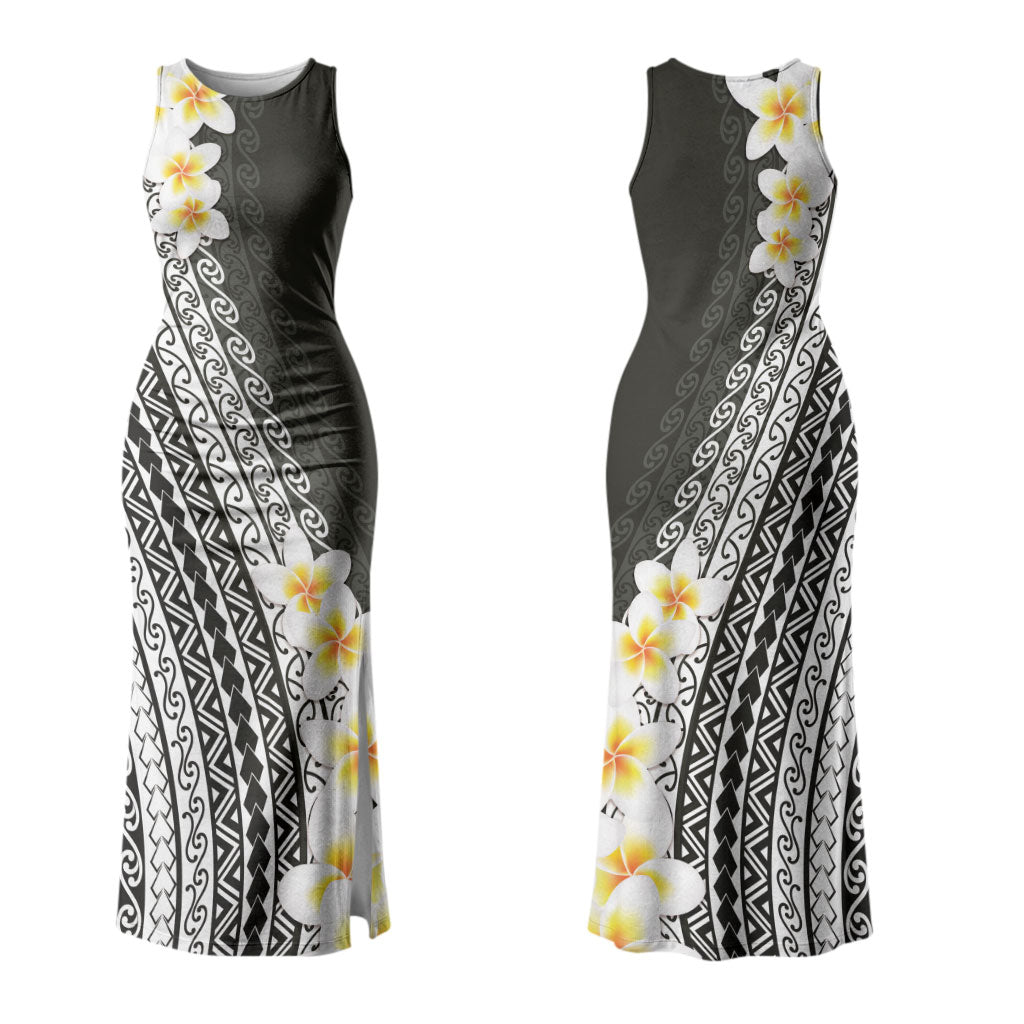 Tahiti Plumeria Tribal Pattern Couples Matching Tank Maxi Dress and Hawaiian Shirt Wave Style Black LT05 - Polynesian Pride