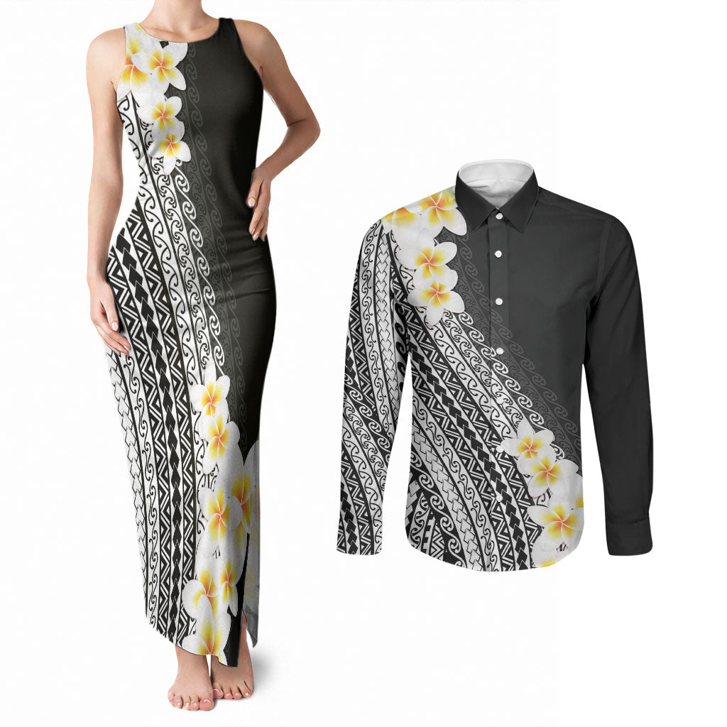 Tahiti Plumeria Tribal Pattern Couples Matching Tank Maxi Dress and Long Sleeve Button Shirt Wave Style Black LT05 Black - Polynesian Pride