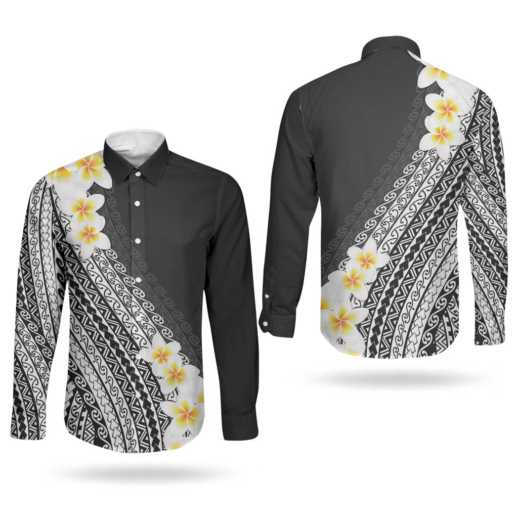 Tahiti Plumeria Tribal Pattern Couples Matching Tank Maxi Dress and Long Sleeve Button Shirt Wave Style Black LT05 - Polynesian Pride