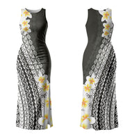 Tahiti Plumeria Tribal Pattern Couples Matching Tank Maxi Dress and Long Sleeve Button Shirt Wave Style Black LT05 - Polynesian Pride