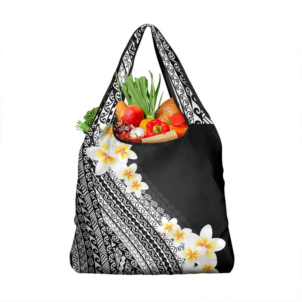 Tahiti Plumeria Tribal Pattern Grocery Bag Wave Style Black LT05 1-pack One Size Black - Polynesian Pride
