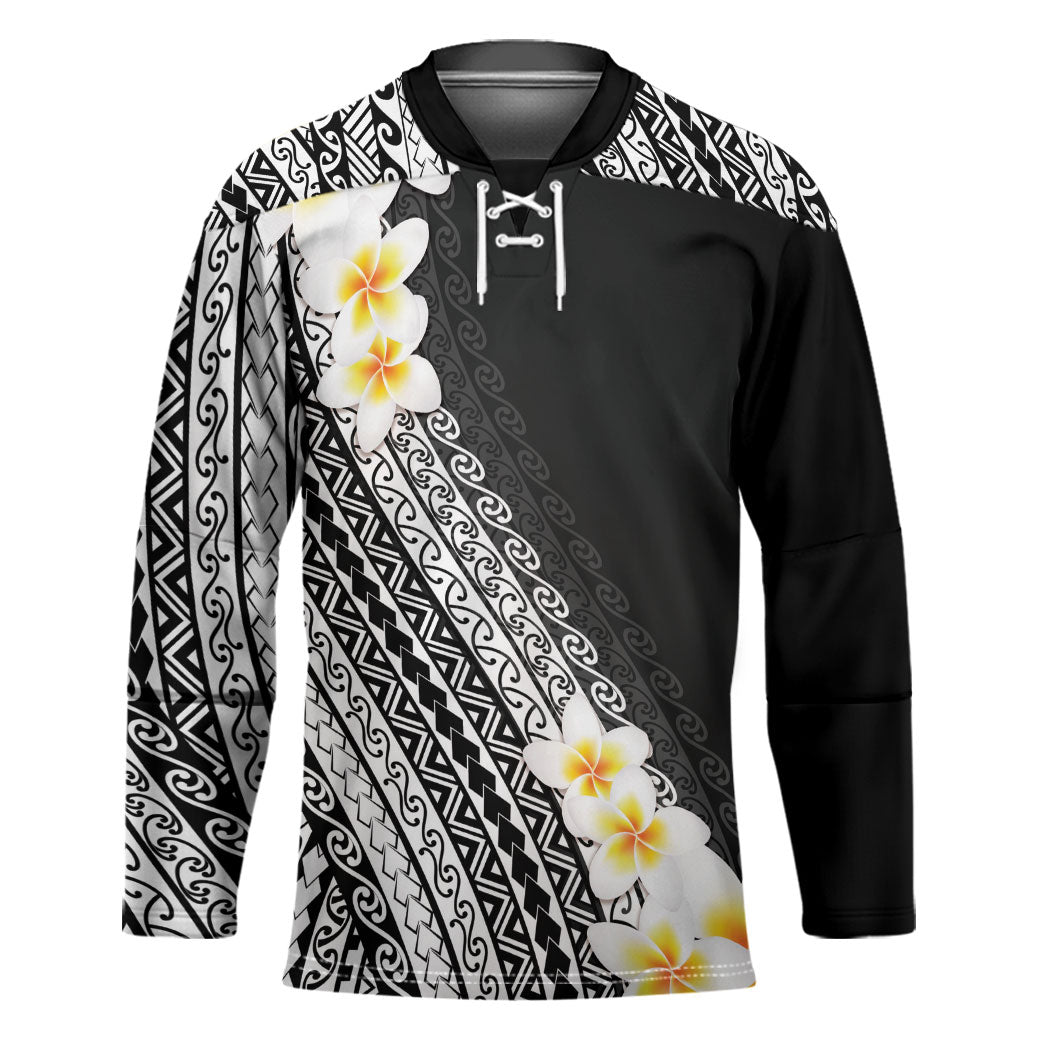 Tahiti Plumeria Tribal Pattern Hockey Jersey Wave Style Black LT05 Unisex Black - Polynesian Pride