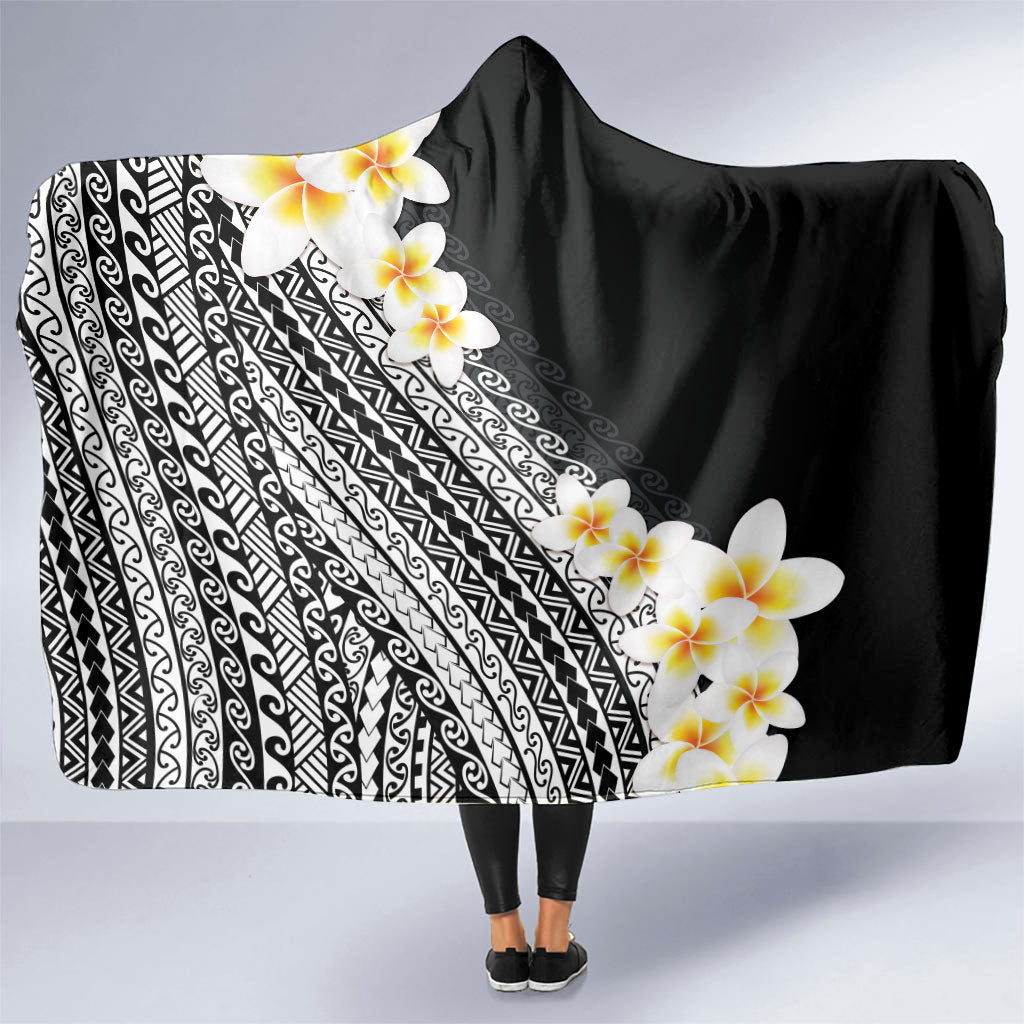 Tahiti Plumeria Tribal Pattern Hooded Blanket Wave Style Black LT05 One Size Black - Polynesian Pride