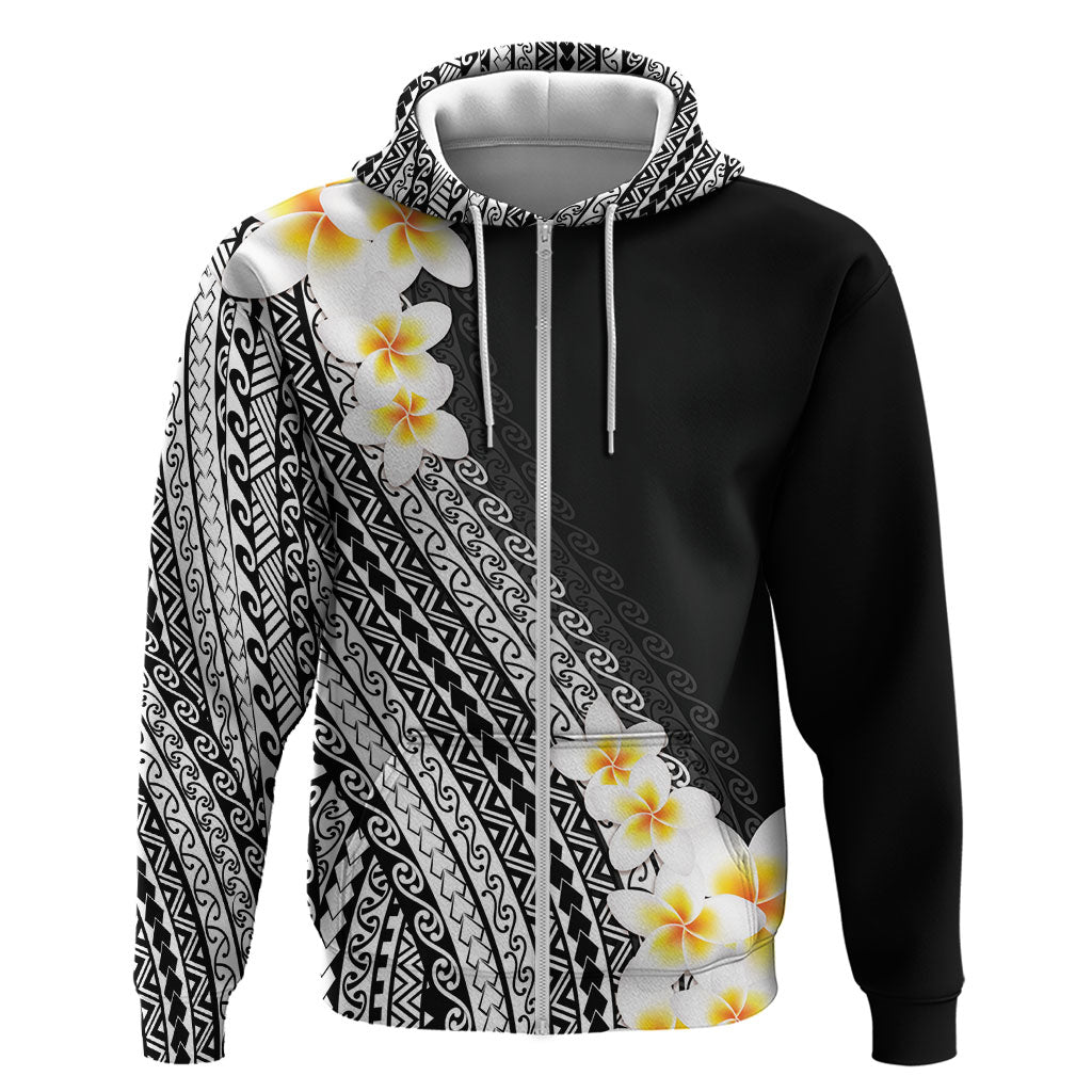 Tahiti Plumeria Tribal Pattern Hoodie Wave Style Black LT05 Zip Hoodie Black - Polynesian Pride