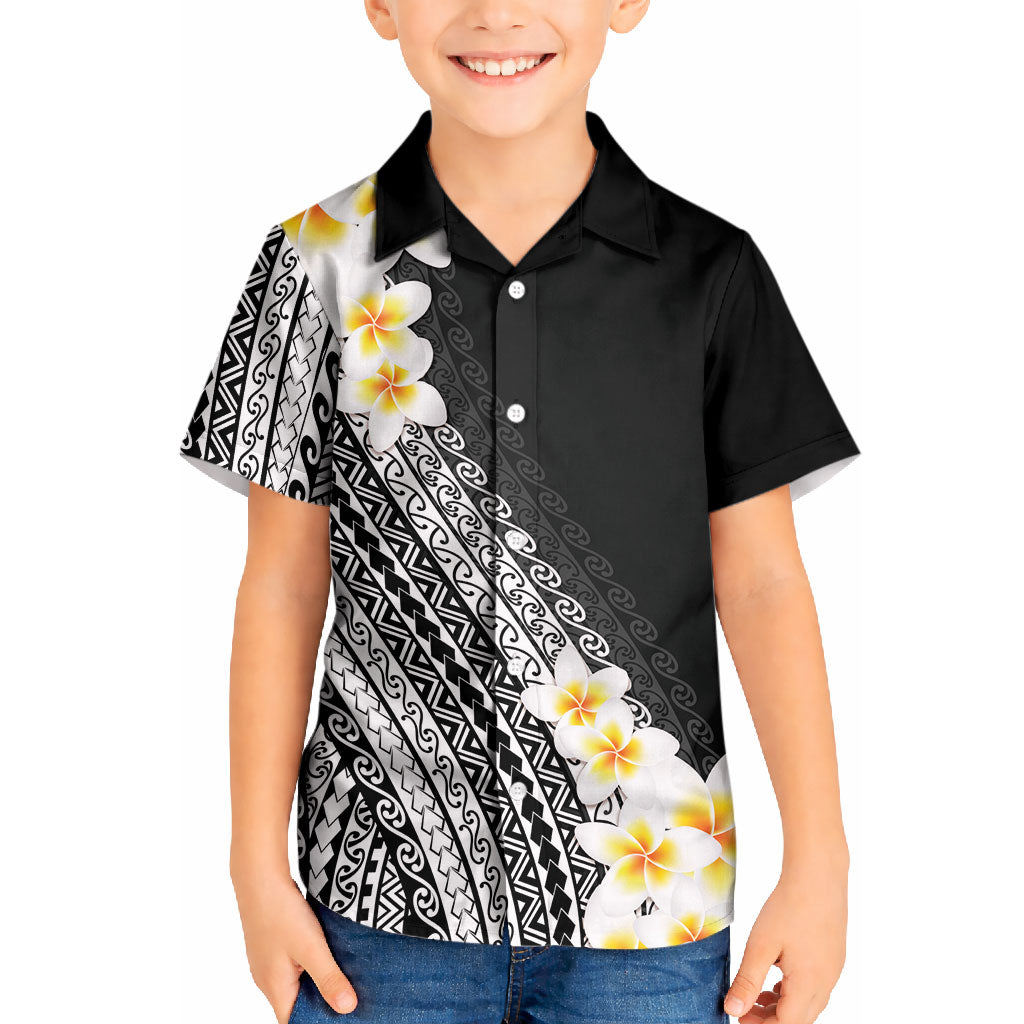 Tahiti Plumeria Tribal Pattern Kid Hawaiian Shirt Wave Style Black LT05 Kid Black - Polynesian Pride