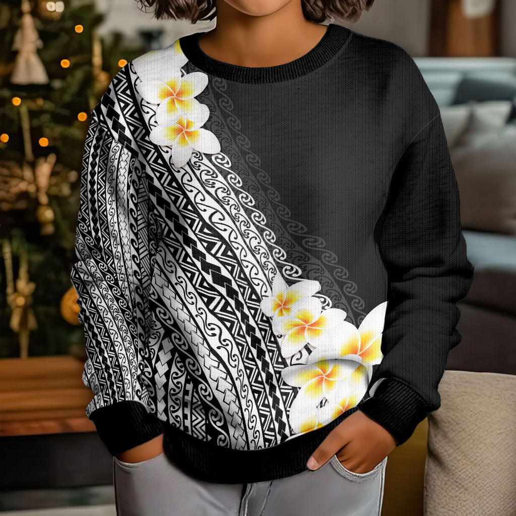 Tahiti Plumeria Tribal Pattern Kid Ugly Christmas Sweater Wave Style Black