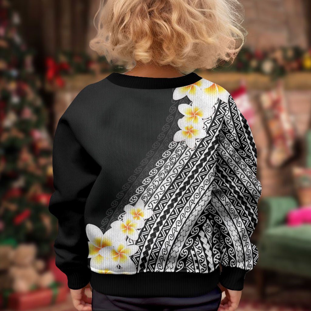Tahiti Plumeria Tribal Pattern Kid Ugly Christmas Sweater Wave Style Black