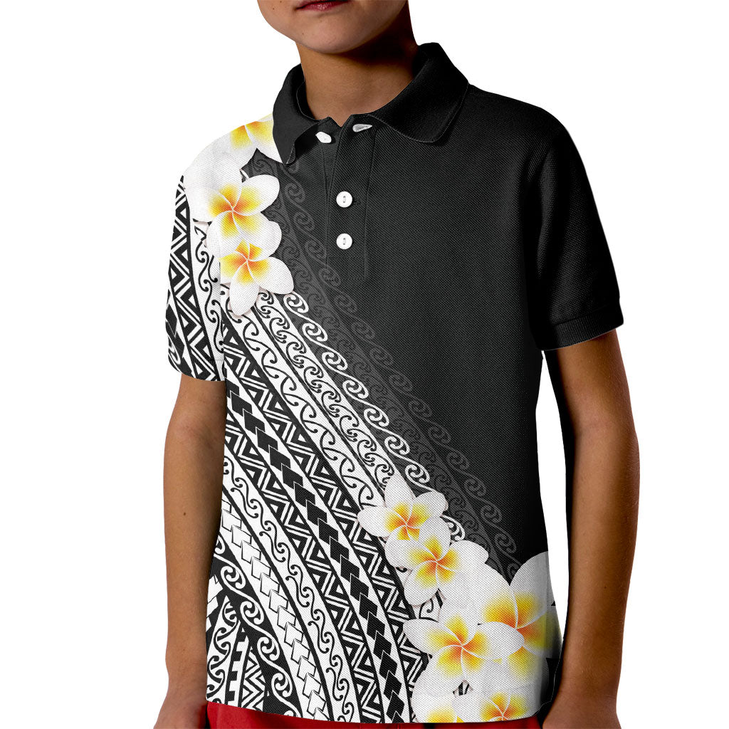 Tahiti Plumeria Tribal Pattern Kid Polo Shirt Wave Style Black LT05 Kid Black - Polynesian Pride