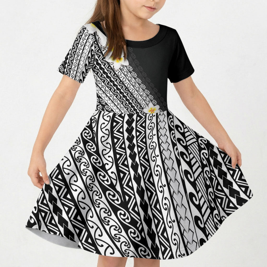 Tahiti Plumeria Tribal Pattern Kid Short Sleeve Dress Wave Style Black LT05 KID Black - Polynesian Pride