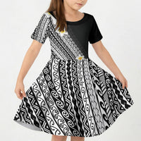 Tahiti Plumeria Tribal Pattern Kid Short Sleeve Dress Wave Style Black LT05 KID Black - Polynesian Pride