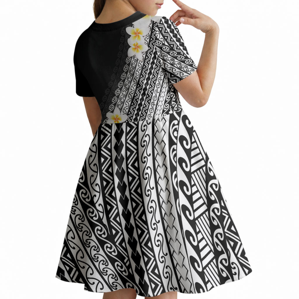 Tahiti Plumeria Tribal Pattern Kid Short Sleeve Dress Wave Style Black LT05 - Polynesian Pride