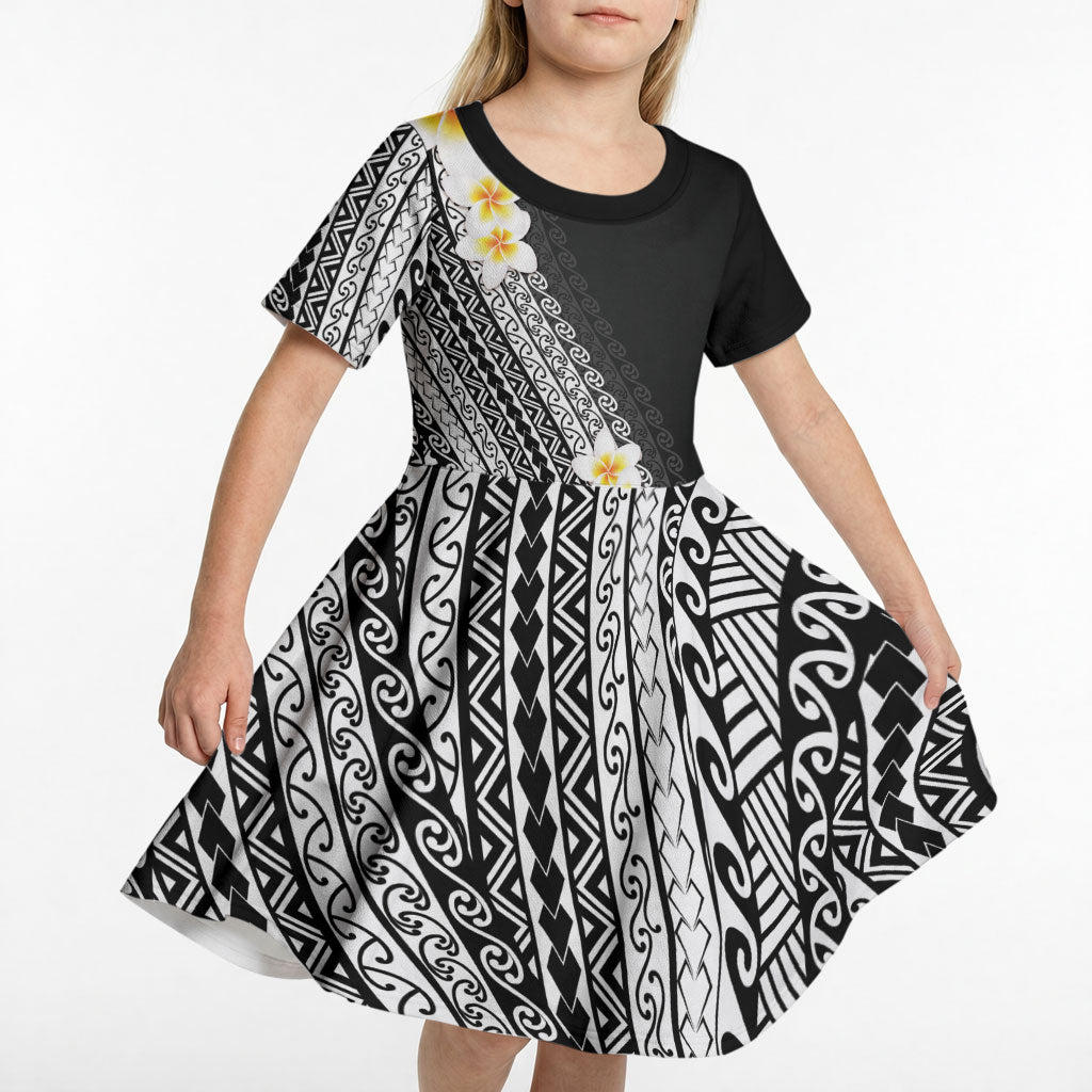 Tahiti Plumeria Tribal Pattern Kid Short Sleeve Dress Wave Style Black LT05 - Polynesian Pride