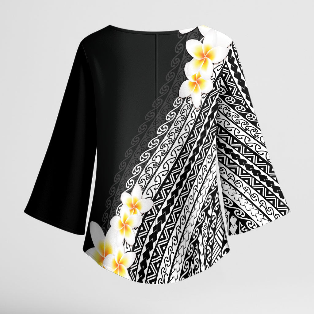 Tahiti Plumeria Tribal Pattern Kimono Sleeve Blouse Wave Style Black LT05 - Polynesian Pride