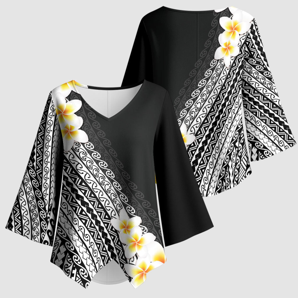 Tahiti Plumeria Tribal Pattern Kimono Sleeve Blouse Wave Style Black LT05 - Polynesian Pride
