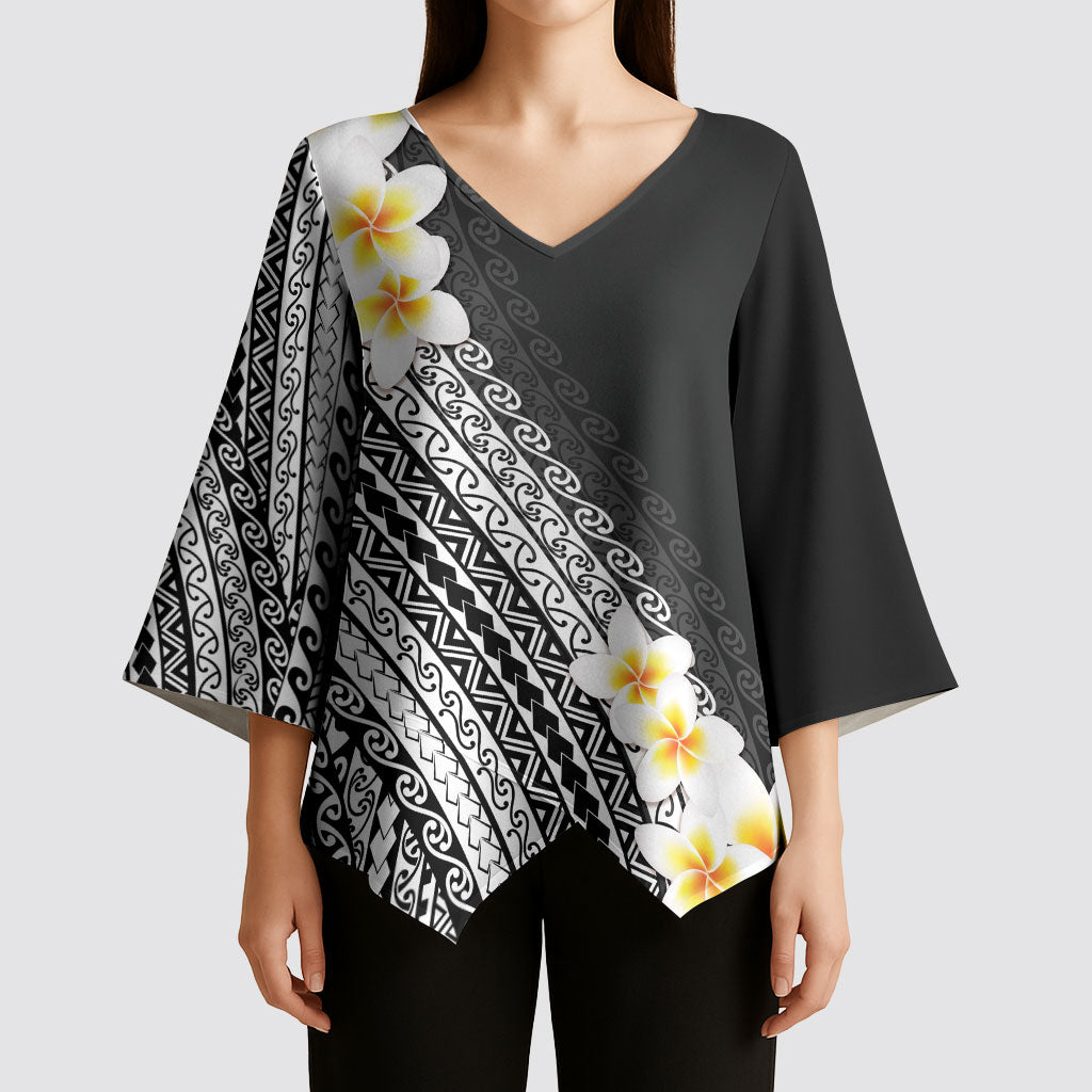 Tahiti Plumeria Tribal Pattern Kimono Sleeve Blouse Wave Style Black LT05 - Polynesian Pride