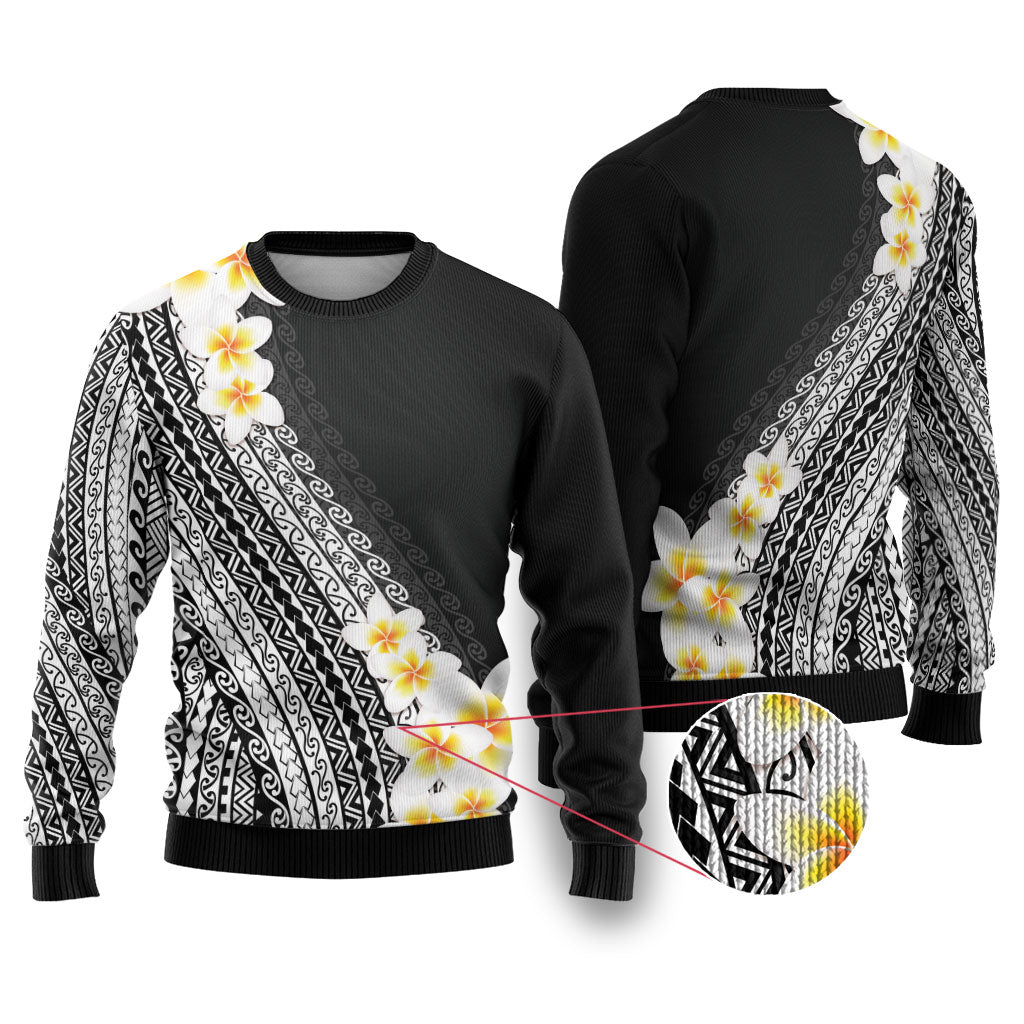 Tahiti Plumeria Tribal Pattern Ugly Christmas Sweater Wave Style Black