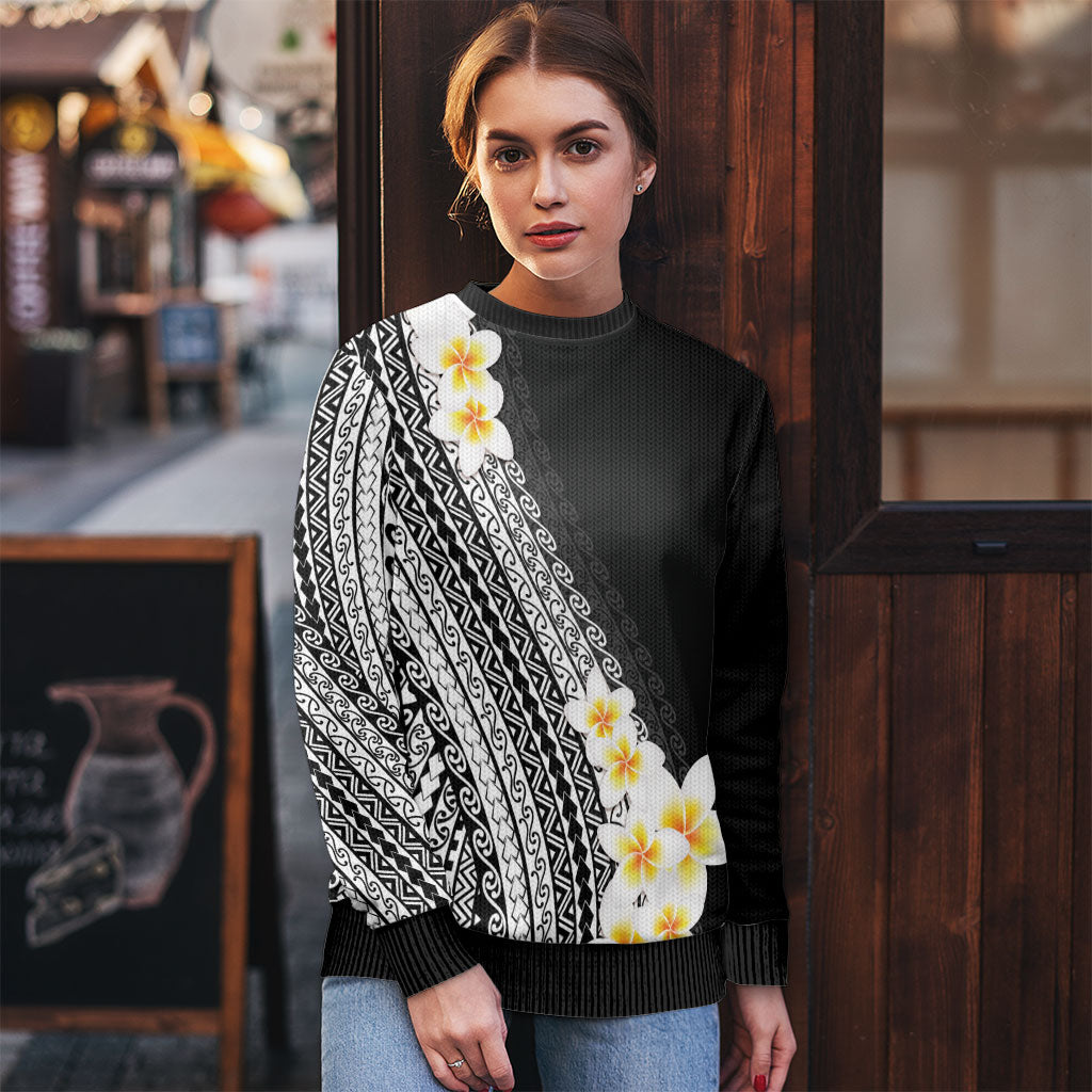 Tahiti Plumeria Tribal Pattern Ugly Christmas Sweater Wave Style Black