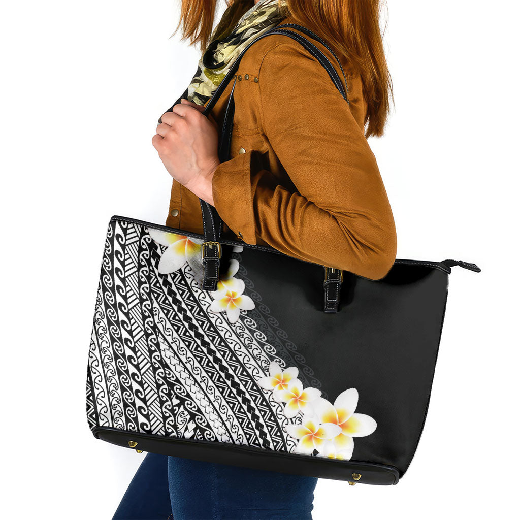 Tahiti Plumeria Tribal Pattern Leather Tote Bag Wave Style Black LT05 Black - Polynesian Pride