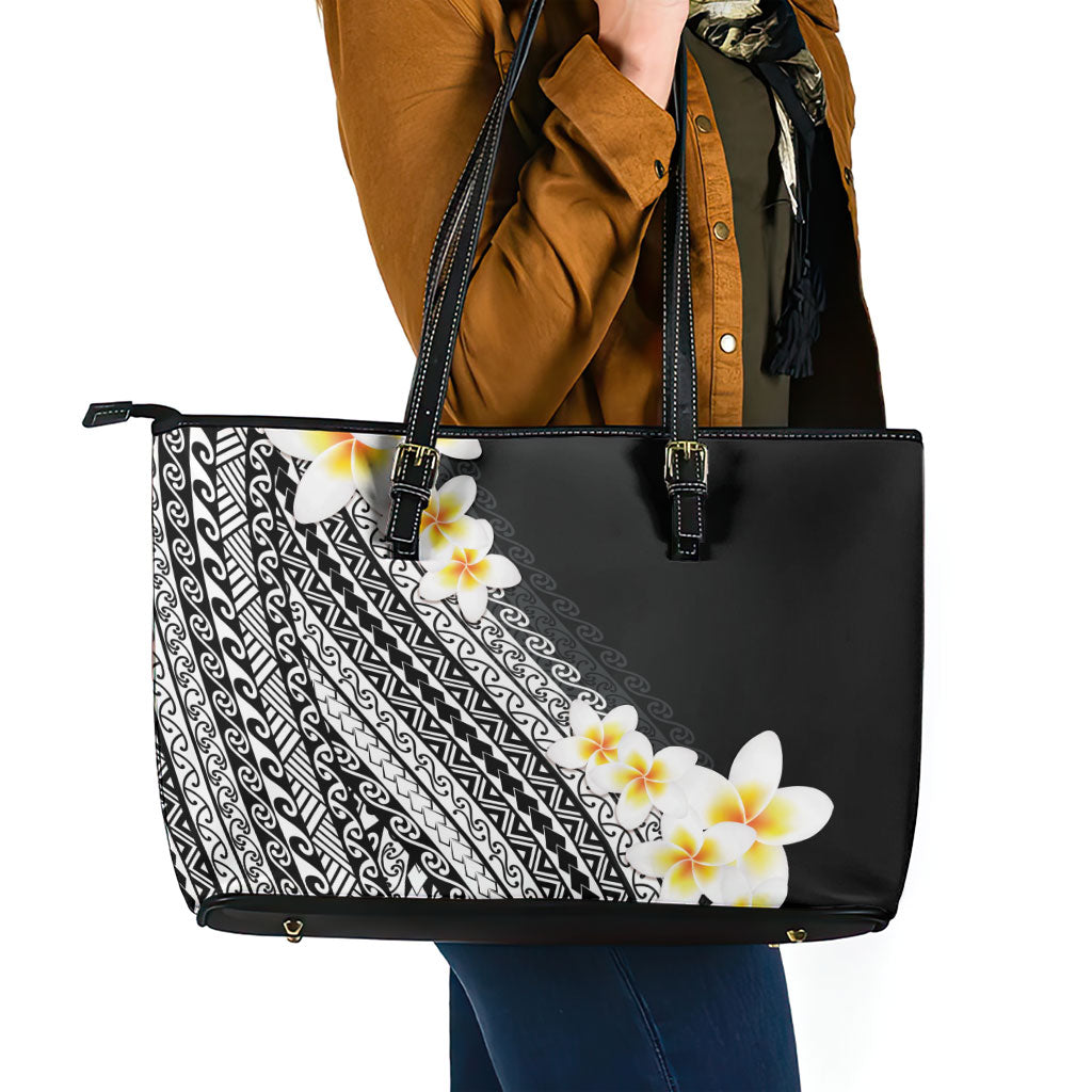 Tahiti Plumeria Tribal Pattern Leather Tote Bag Wave Style Black LT05 - Polynesian Pride