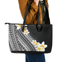 Tahiti Plumeria Tribal Pattern Leather Tote Bag Wave Style Black LT05 - Polynesian Pride