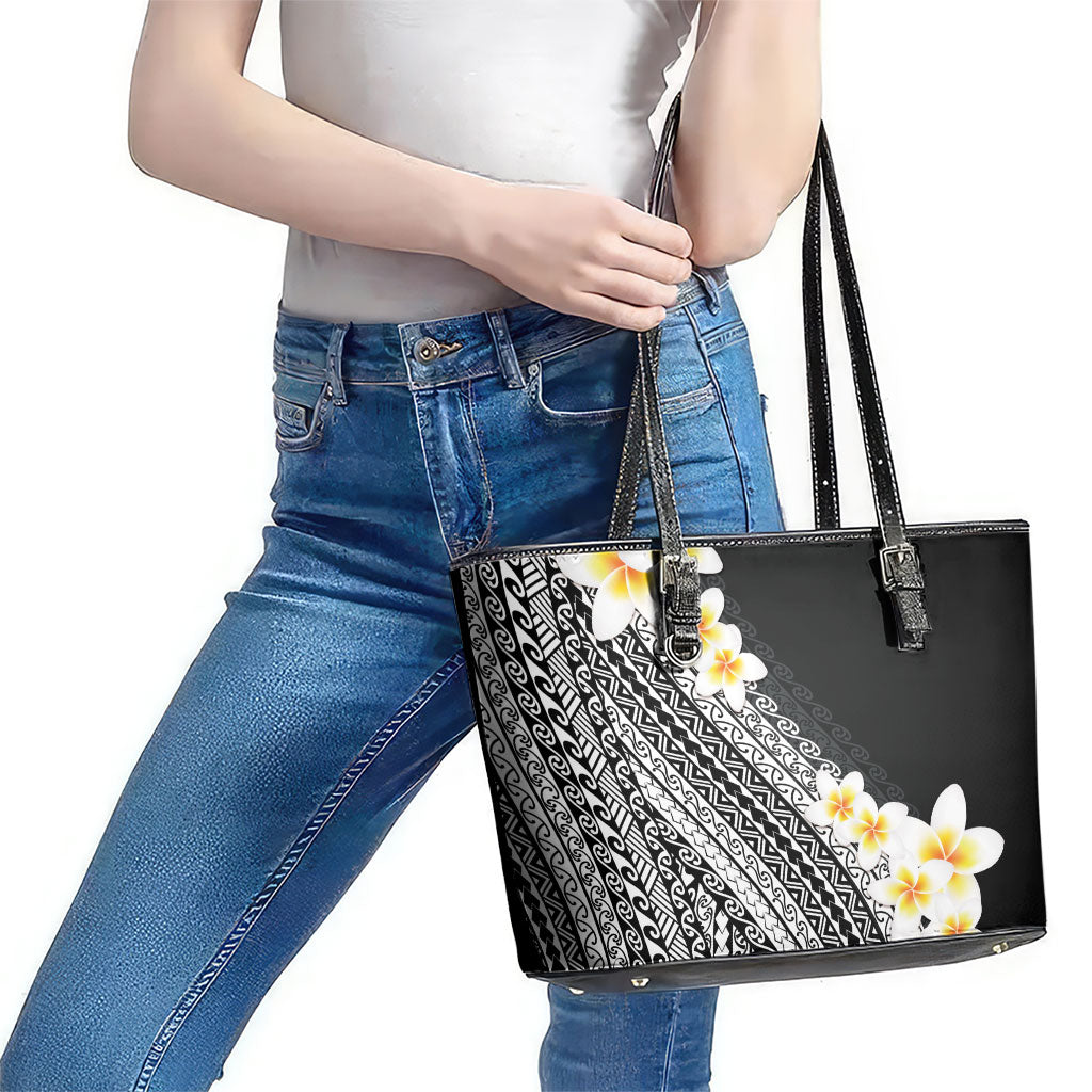 Tahiti Plumeria Tribal Pattern Leather Tote Bag Wave Style Black LT05 - Polynesian Pride