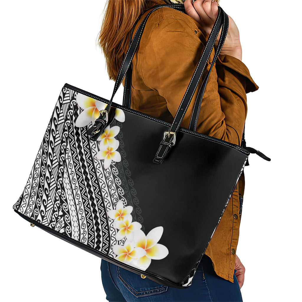 Tahiti Plumeria Tribal Pattern Leather Tote Bag Wave Style Black LT05 - Polynesian Pride