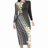 Tahiti Plumeria Tribal Pattern Long Sleeve Bodycon Dress Wave Style Black LT05 Long Dress Black - Polynesian Pride
