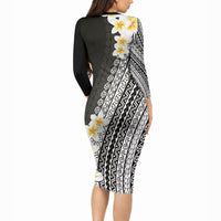 Tahiti Plumeria Tribal Pattern Long Sleeve Bodycon Dress Wave Style Black LT05 - Polynesian Pride