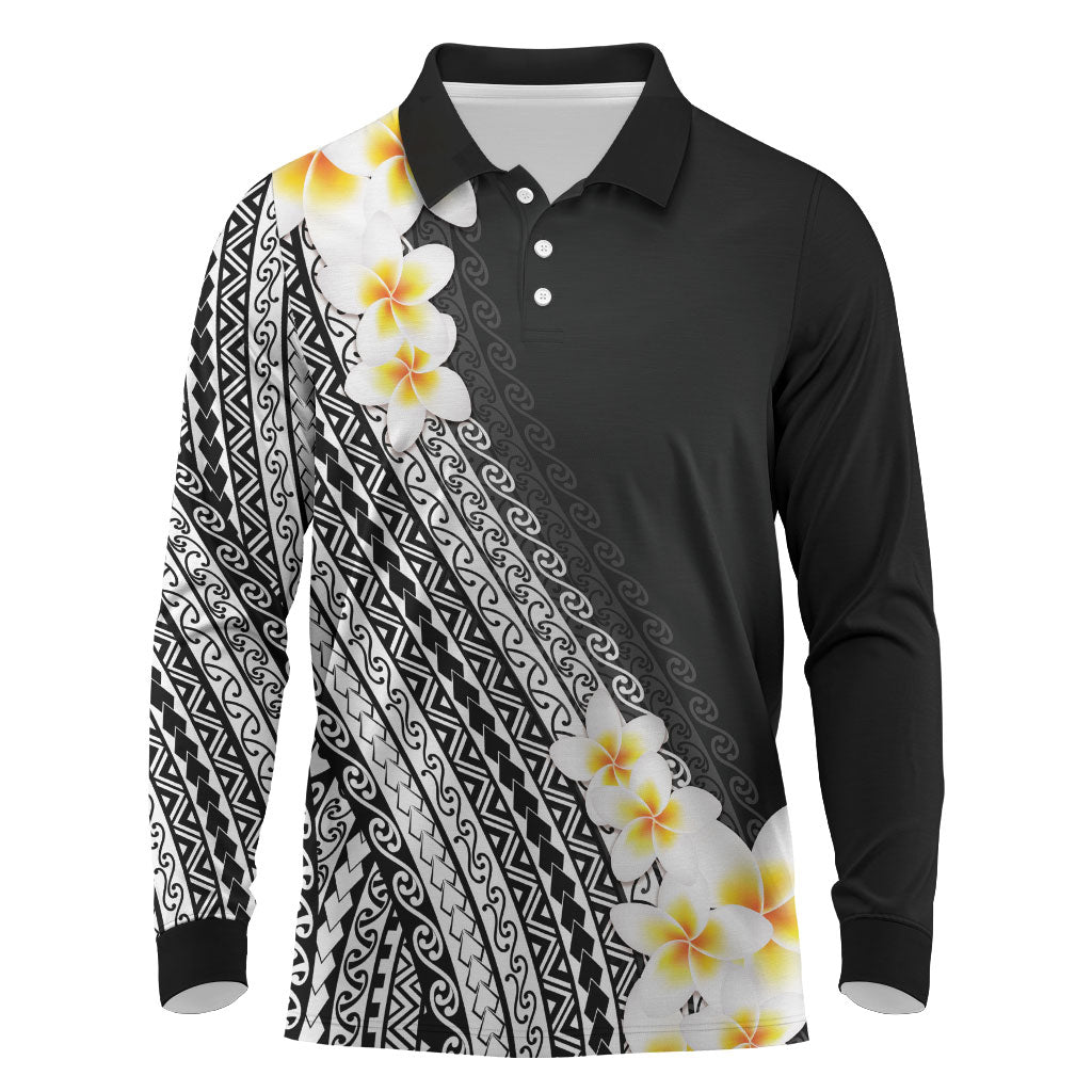 Tahiti Plumeria Tribal Pattern Long Sleeve Polo Shirt Wave Style Black LT05 Black - Polynesian Pride