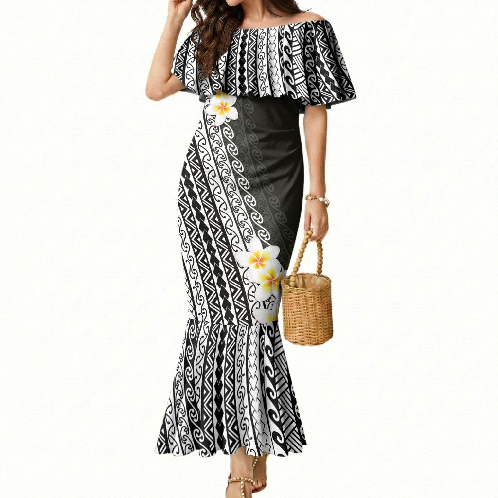 Tahiti Plumeria Tribal Pattern Mermaid Dress Wave Style Black LT05 Women Black - Polynesian Pride