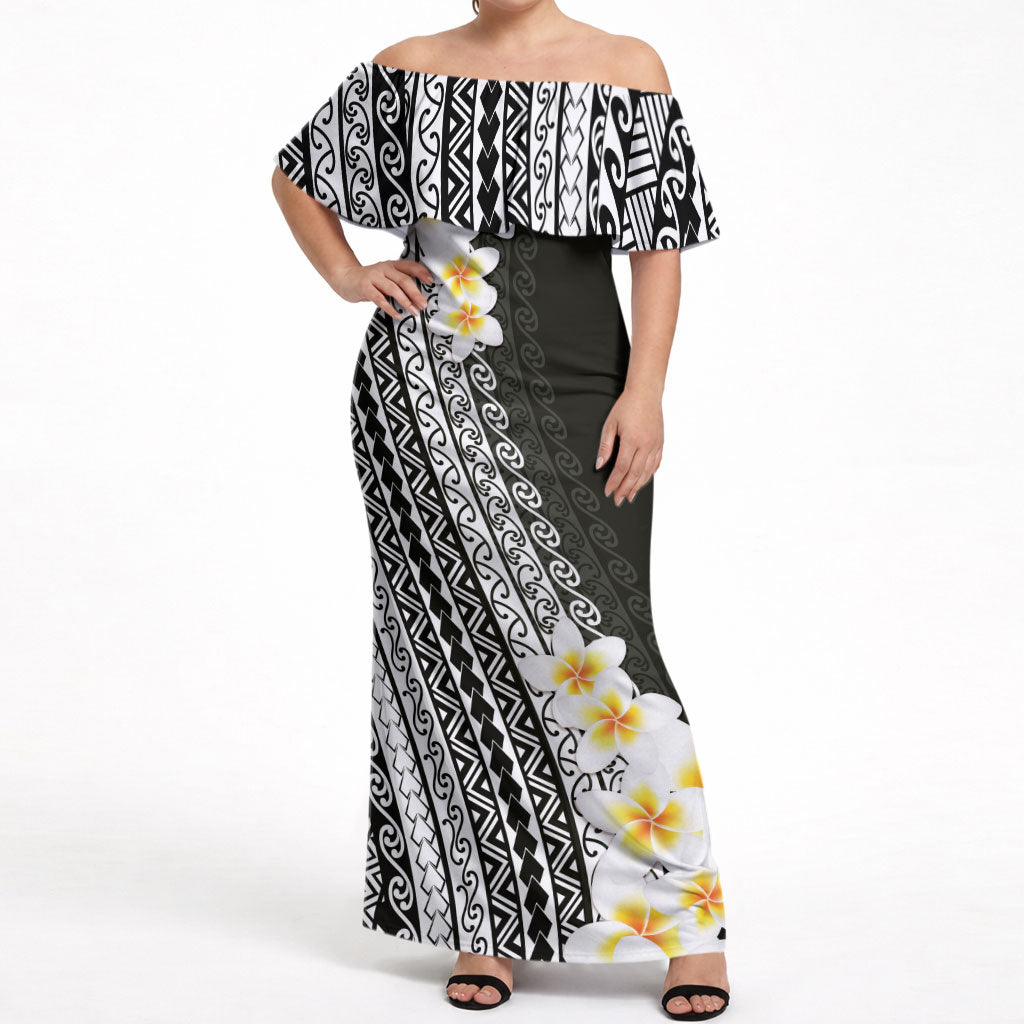 Tahiti Plumeria Tribal Pattern Off Shoulder Maxi Dress Wave Style Black LT05 Women Black - Polynesian Pride