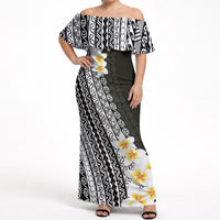 Tahiti Plumeria Tribal Pattern Off Shoulder Maxi Dress Wave Style Black LT05 Women Black - Polynesian Pride