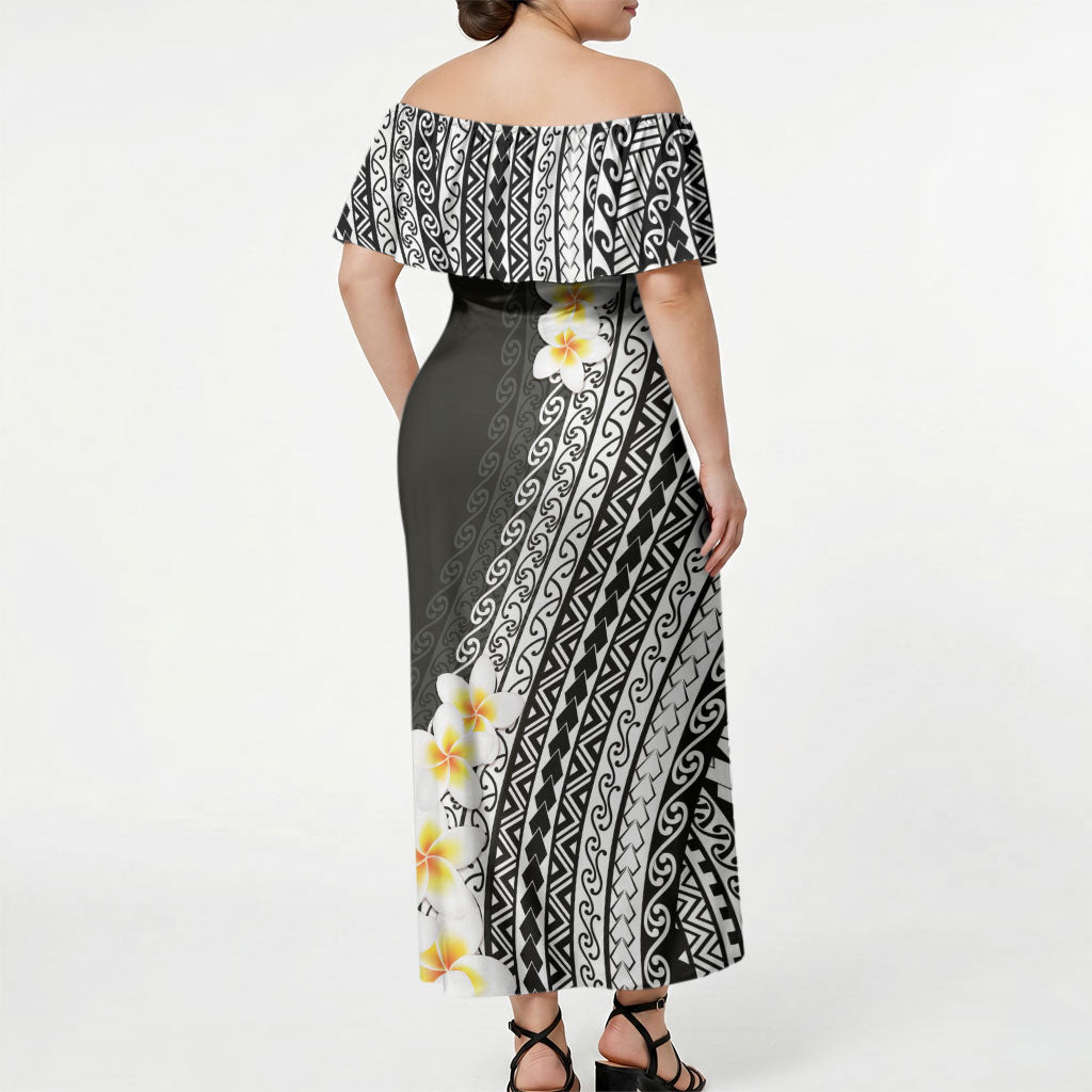 Tahiti Plumeria Tribal Pattern Off Shoulder Maxi Dress Wave Style Black LT05 - Polynesian Pride