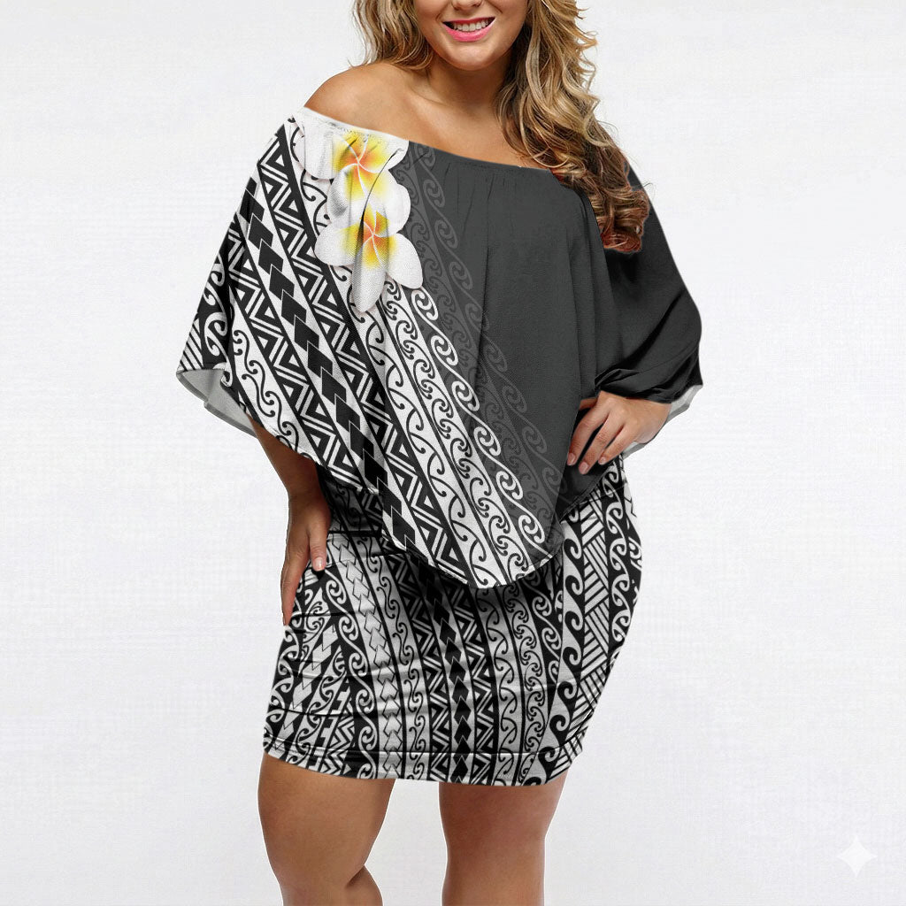 Tahiti Plumeria Tribal Pattern Off Shoulder Short Dress Wave Style Black LT05 Women Black - Polynesian Pride