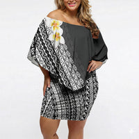 Tahiti Plumeria Tribal Pattern Off Shoulder Short Dress Wave Style Black LT05 Women Black - Polynesian Pride
