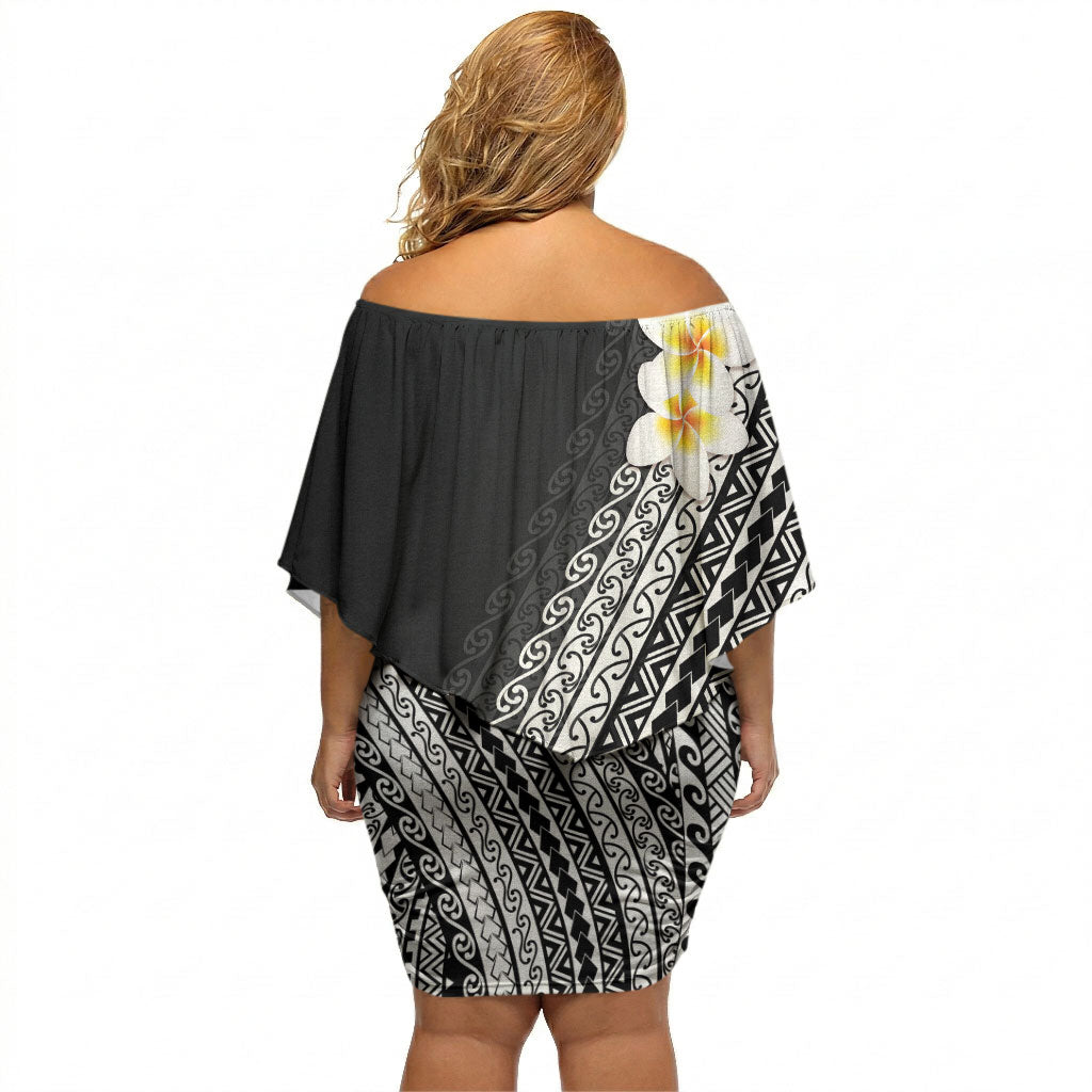 Tahiti Plumeria Tribal Pattern Off Shoulder Short Dress Wave Style Black LT05 - Polynesian Pride