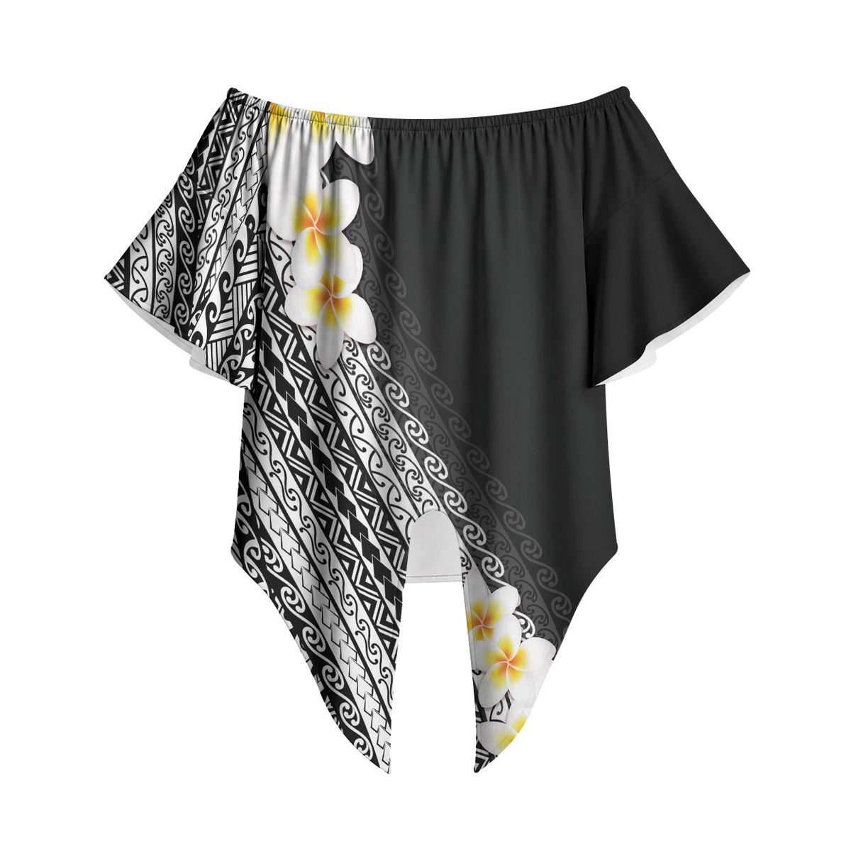 Tahiti Plumeria Tribal Pattern Off Shoulder Wrap Waist Top Wave Style Black LT05 Black - Polynesian Pride