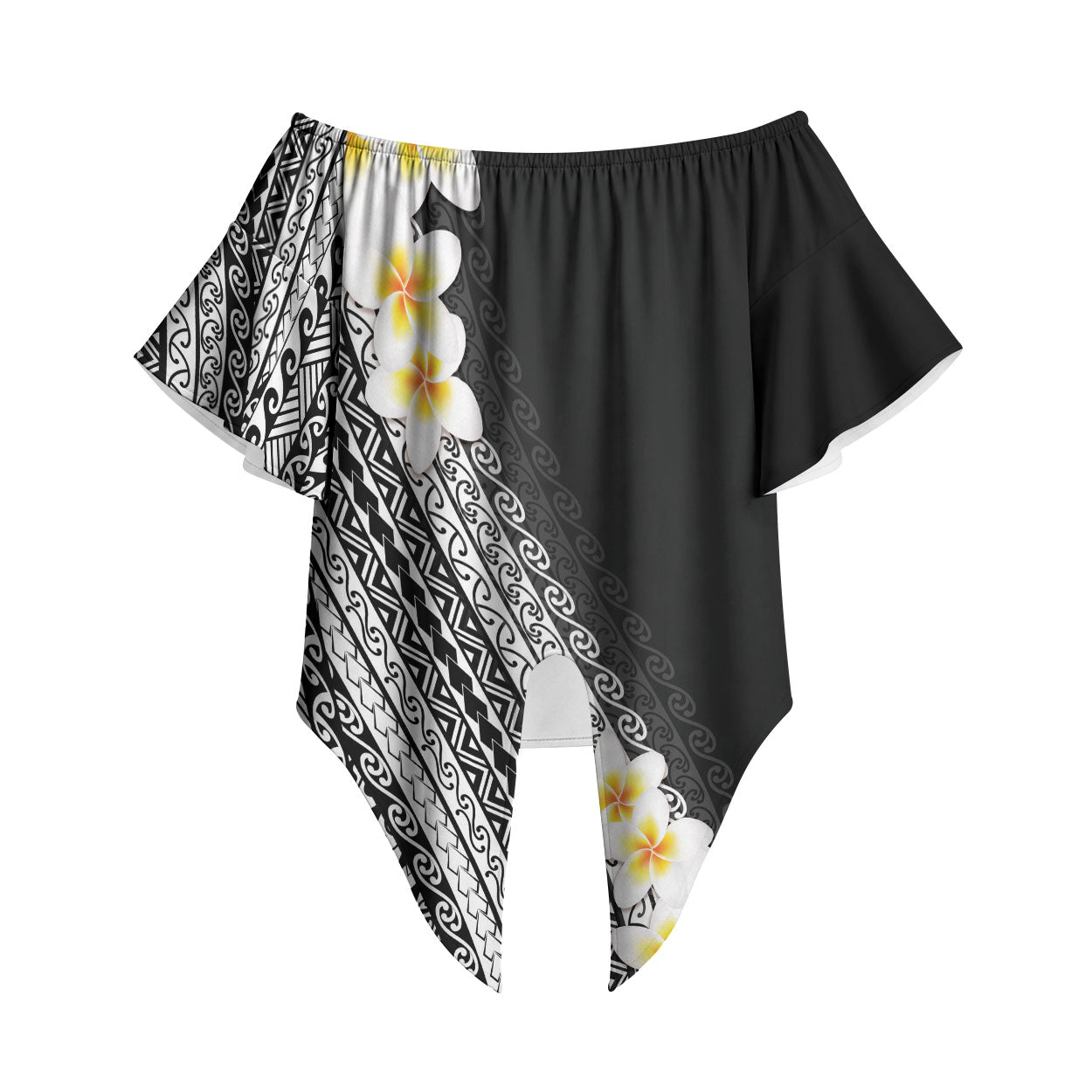 Tahiti Plumeria Tribal Pattern Off Shoulder Wrap Waist Top Wave Style Black LT05 Black - Polynesian Pride