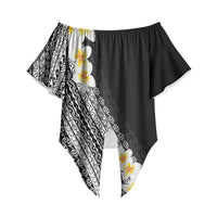 Tahiti Plumeria Tribal Pattern Off Shoulder Wrap Waist Top Wave Style Black LT05 Black - Polynesian Pride
