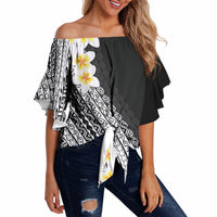 Tahiti Plumeria Tribal Pattern Off Shoulder Wrap Waist Top Wave Style Black LT05 - Polynesian Pride