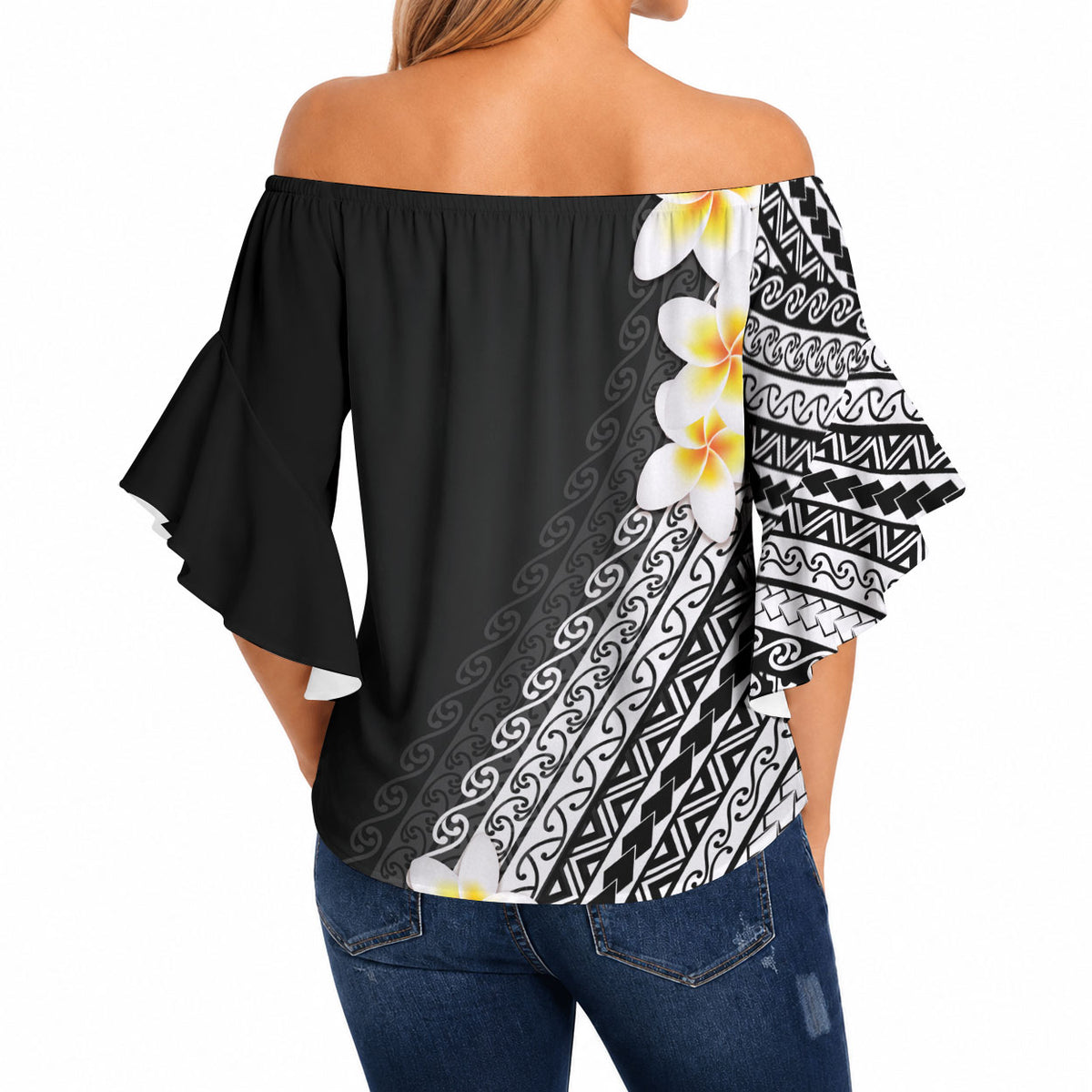 Tahiti Plumeria Tribal Pattern Off Shoulder Wrap Waist Top Wave Style Black LT05 - Polynesian Pride