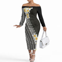 Tahiti Plumeria Tribal Pattern Off The Shoulder Long Sleeve Dress Wave Style Black LT05 Women Black - Polynesian Pride