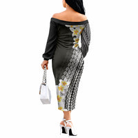 Tahiti Plumeria Tribal Pattern Off The Shoulder Long Sleeve Dress Wave Style Black LT05 - Polynesian Pride