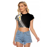 Tahiti Plumeria Tribal Pattern Raglan Cropped T Shirt Wave Style Black LT05 Female Black - Polynesian Pride