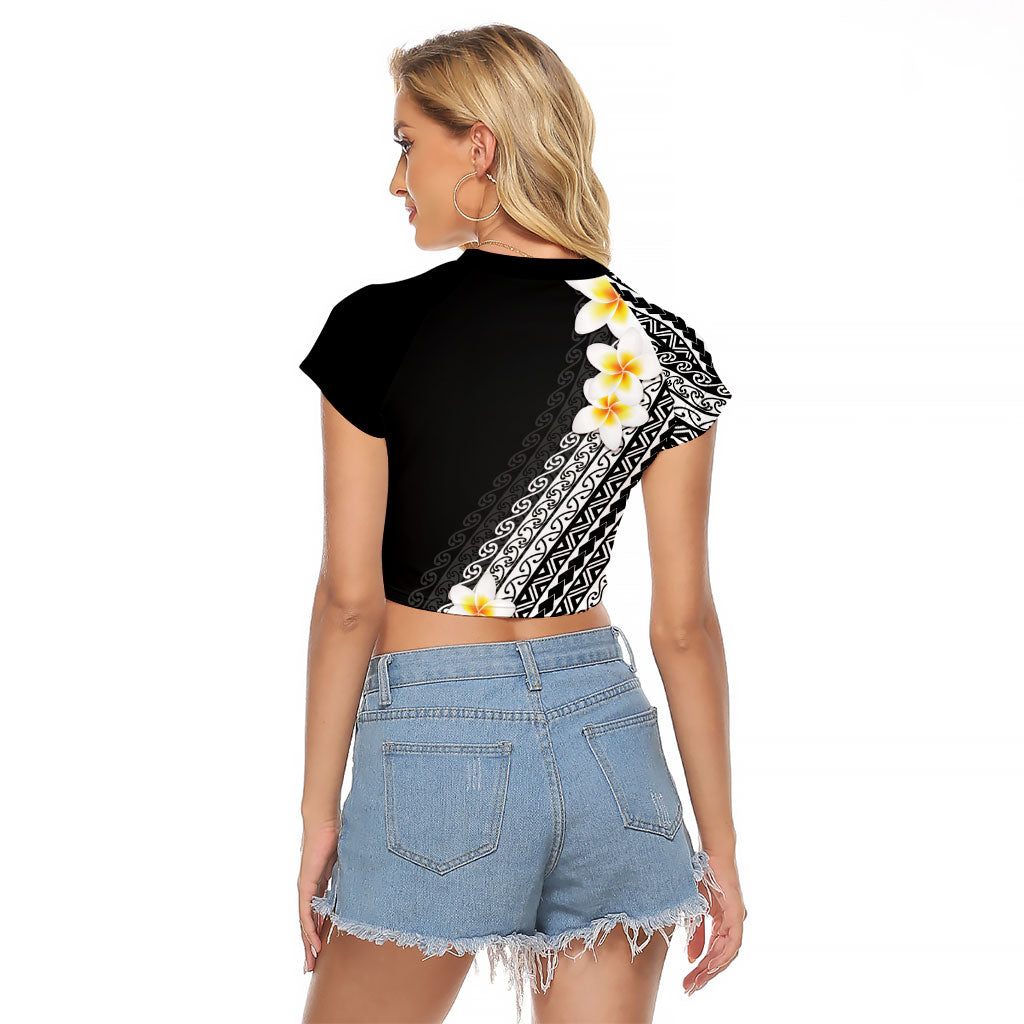 Tahiti Plumeria Tribal Pattern Raglan Cropped T Shirt Wave Style Black LT05 - Polynesian Pride