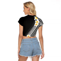 Tahiti Plumeria Tribal Pattern Raglan Cropped T Shirt Wave Style Black LT05 - Polynesian Pride