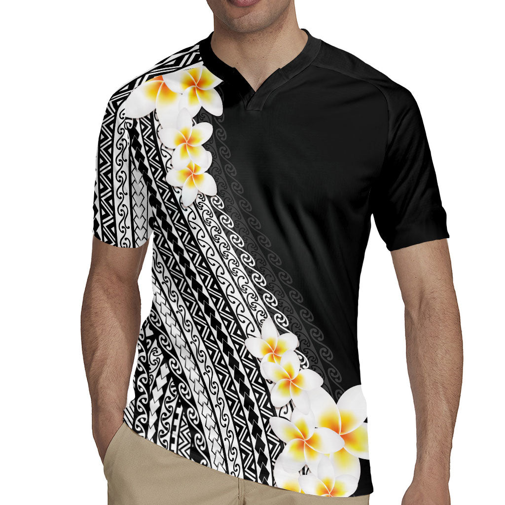 Tahiti Plumeria Tribal Pattern Rugby Jersey Wave Style Black LT05 - Polynesian Pride
